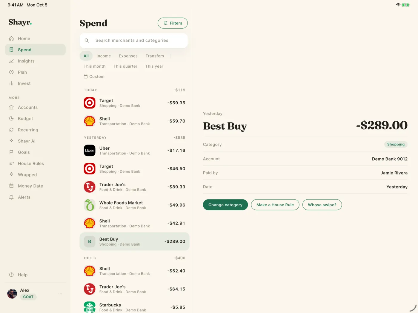 The Spend tab on iPad. The sidebar lists Home, Spend, Insights, Plan and Invest. The list of transactions sits in the middle, and the details of the selected Best Buy purchase are open beside it, with buttons to change the category, make a House Rule and tag whose swipe it was.