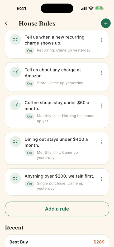 The House Rules screen on iPhone, listing rules in plain words such as anything over $200 we talk first, dining out stays under $400 a month and coffee shops stay under $60 a month, each switched on, with an Add a rule button at the bottom.