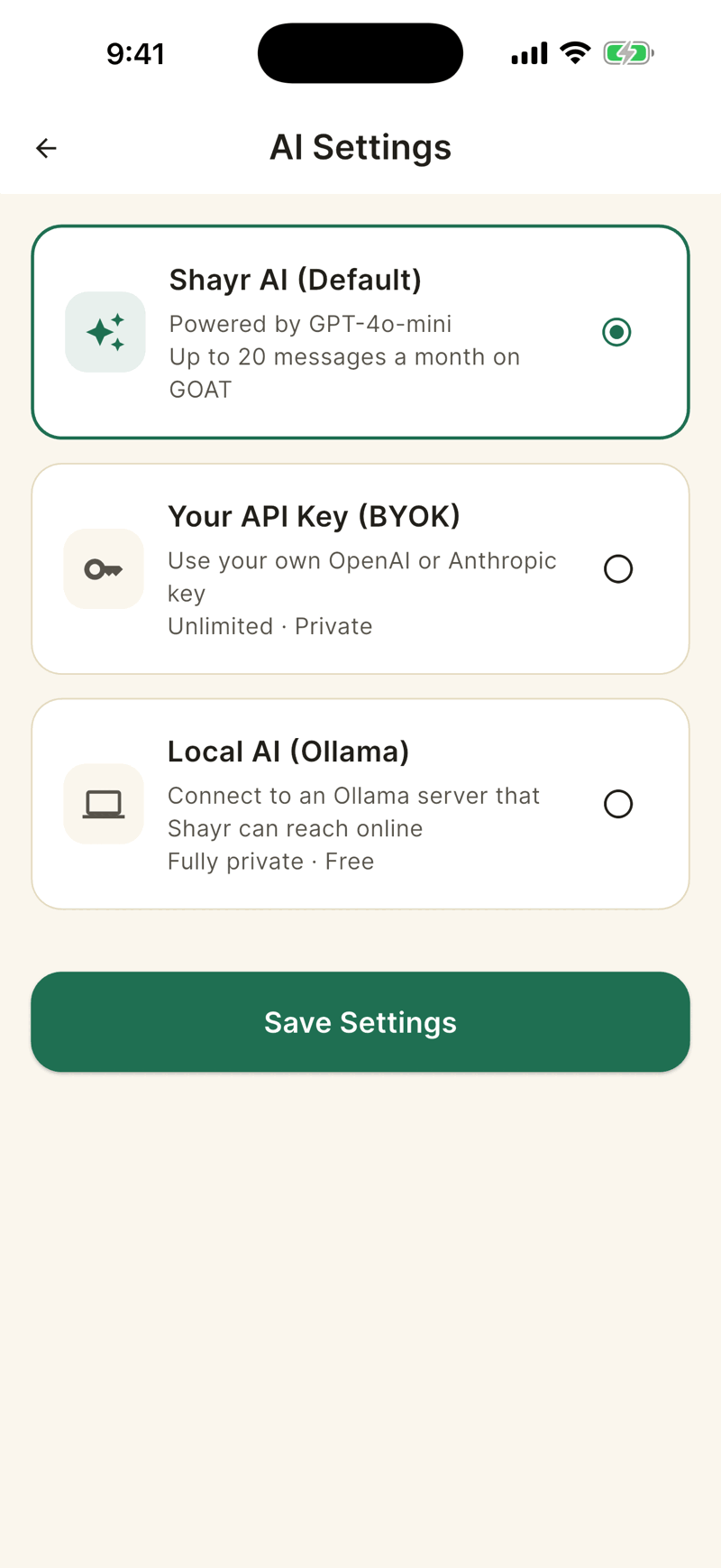 The AI Settings screen with three choices: Shayr AI Default, Your API Key (BYOK) and Local AI (Ollama), and a Save Settings button.