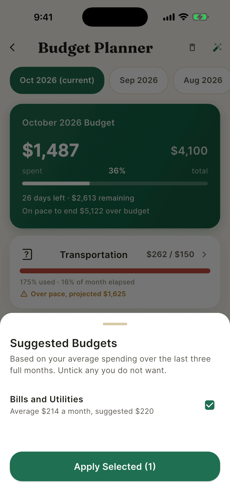 The Suggested Budgets sheet showing Bills and Utilities with an average of 214 dollars a month, a suggestion of 220 dollars, a checked box, and an Apply Selected button.