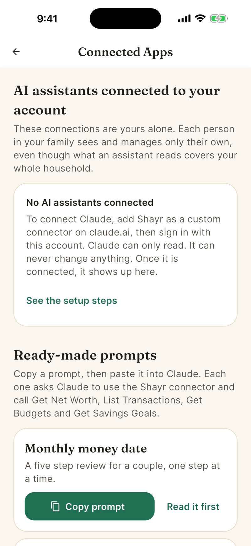 The Connected Apps screen. A section named AI assistants connected to your account explains that connections are personal, with an empty state and a link to the setup steps, followed by Ready-made prompts.