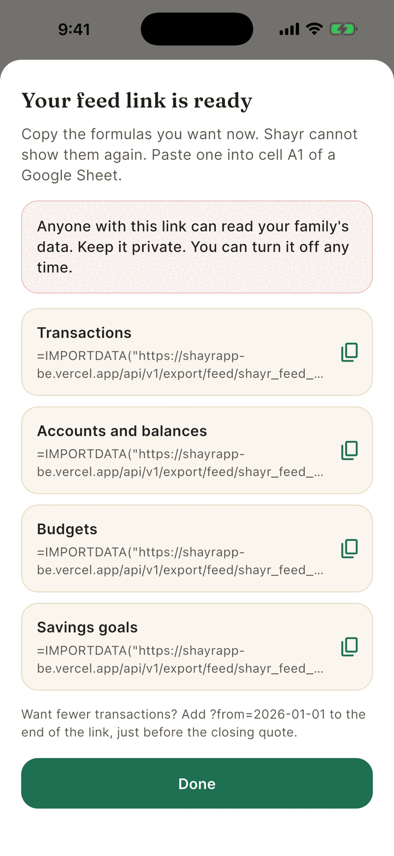 The Your feed link is ready sheet. It warns that Shayr cannot show the formulas again and lists four IMPORTDATA formulas, each with a copy button.