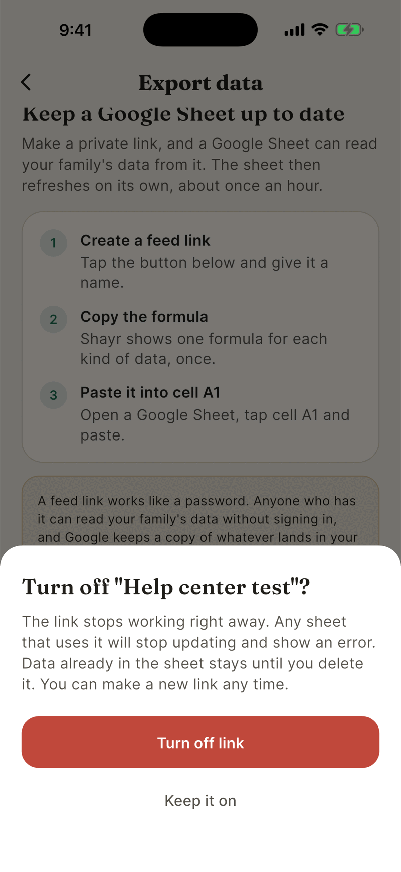 The Turn off Help center test confirmation sheet saying the link stops working right away, with a red Turn off link button and a Keep it on link.