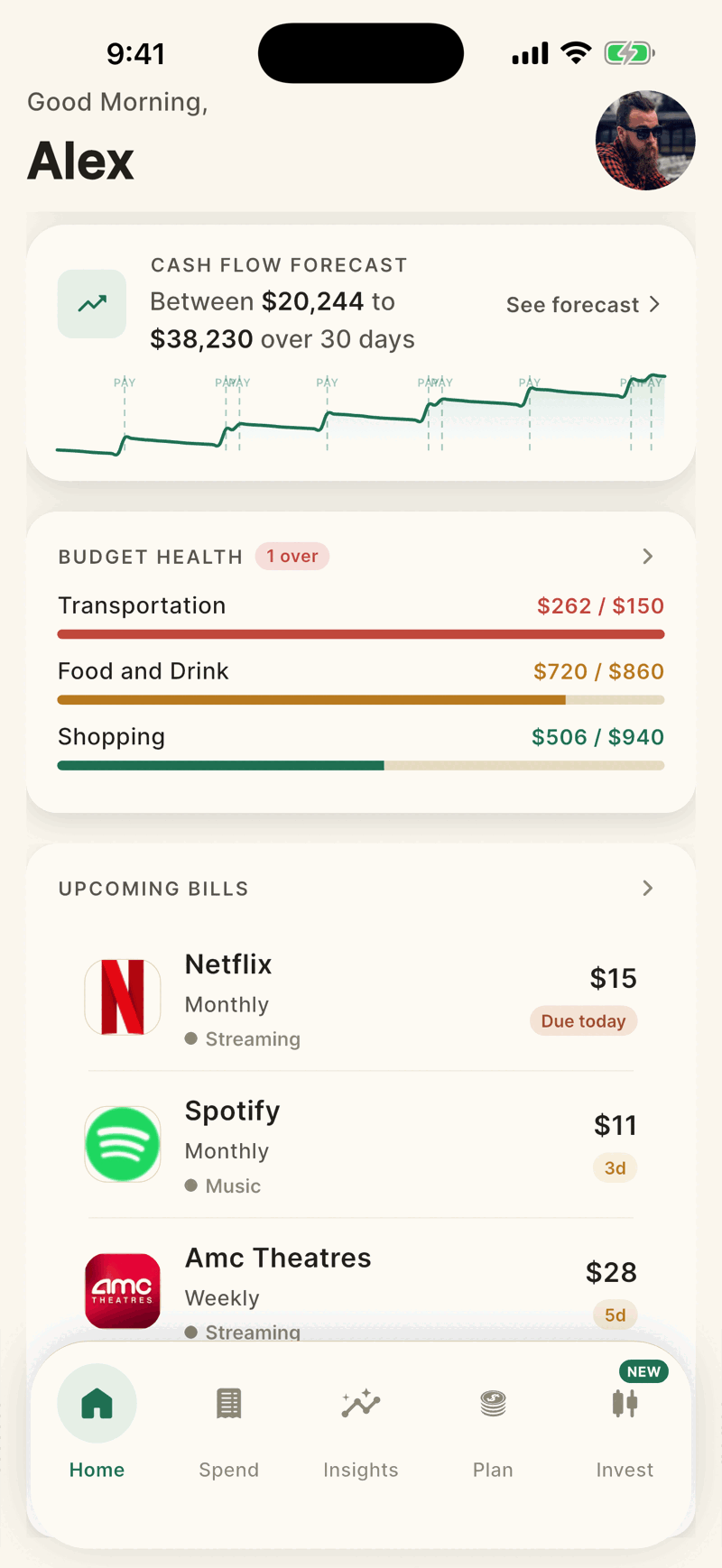 The lower part of Home: the Cash Flow Forecast card, Budget Health bars, and the start of Upcoming Bills.