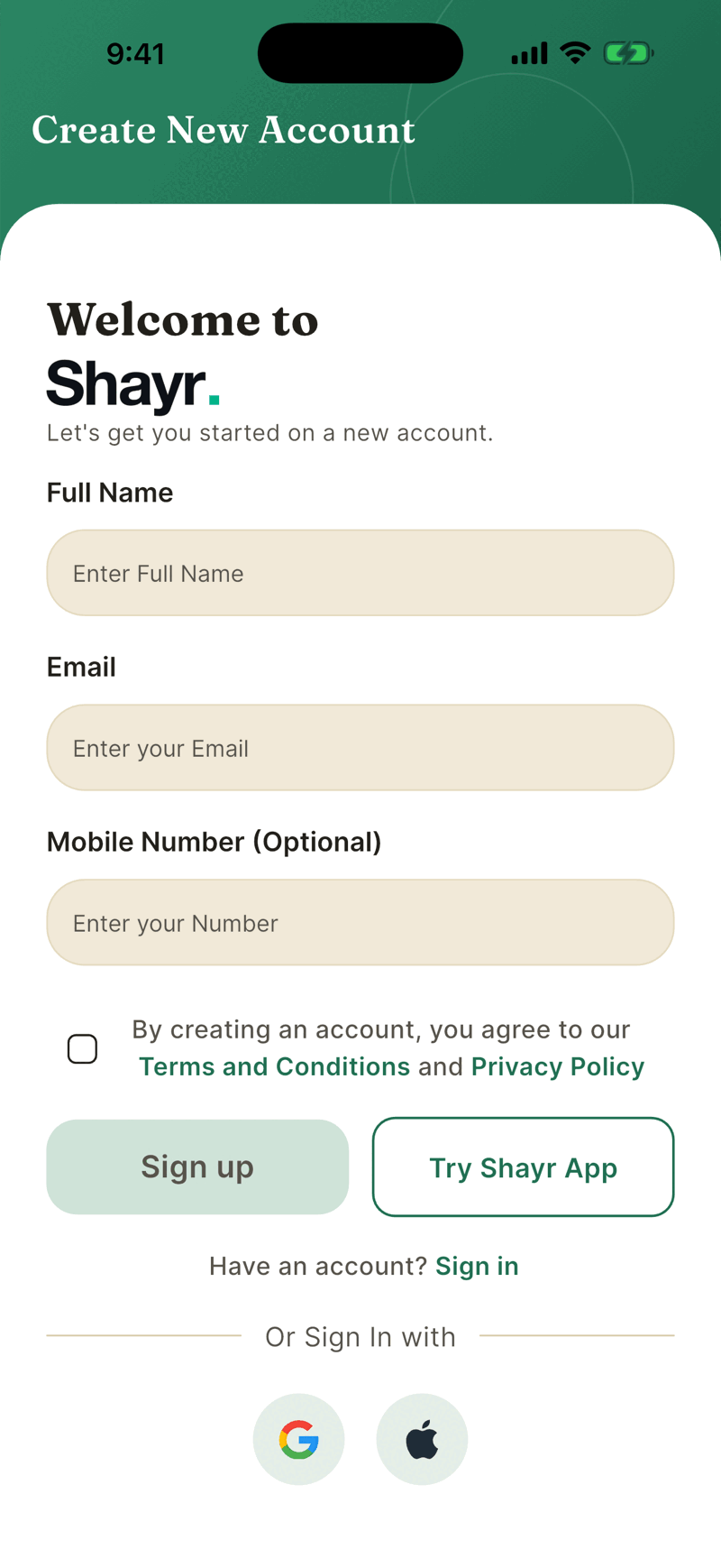 The Create New Account screen with fields for Full Name, Email and Mobile Number, a terms checkbox, and the Sign up and Try Shayr App buttons.