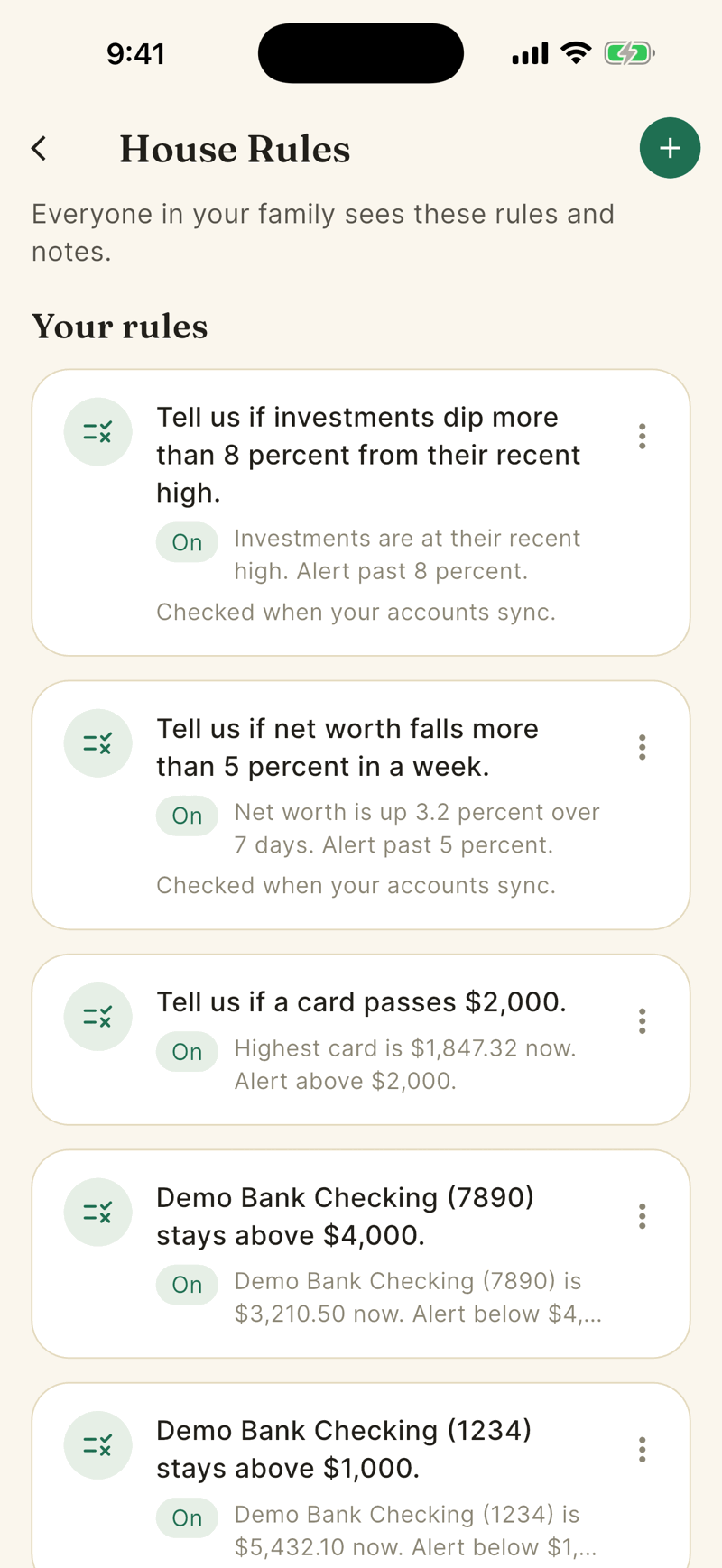 The House Rules screen listing active rules such as Tell us if investments dip more than 8 percent and Tell us if net worth falls more than 5 percent, each with an On pill and a status line.