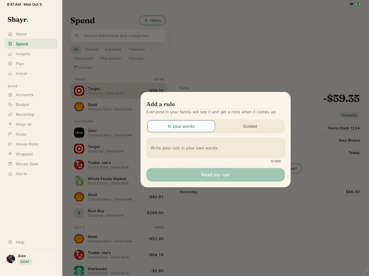 The Add a rule sheet on iPad with two tabs, In your words and Guided, and a box to write the rule in your own words.