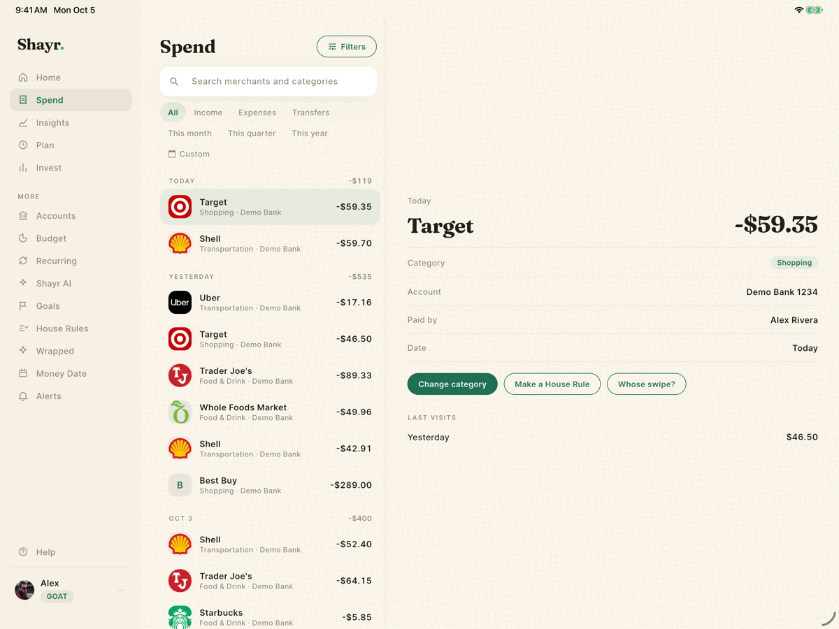 Shayr on iPad. The Spend list is on the left and the Target transaction is open on the right with three buttons: Change category, Make a House Rule and Whose swipe.