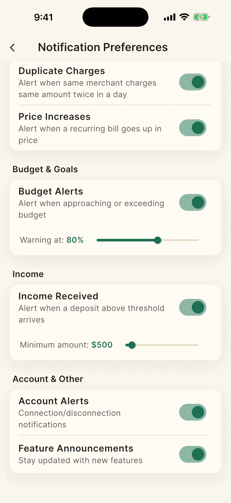 The lower half of Notification Preferences. Budget Alerts has a Warning at 80 percent slider, Income Received a Minimum amount slider, and Account Alerts and Feature Announcements are listed at the bottom.