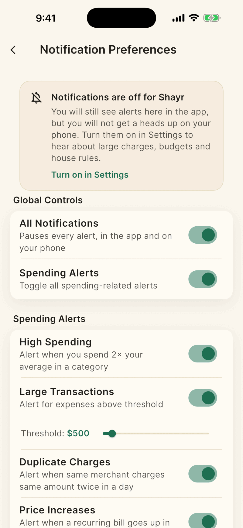 The Notification Preferences screen with Global Controls for All Notifications and Spending Alerts, followed by the Spending Alerts section with High Spending, Large Transactions and a Threshold slider.