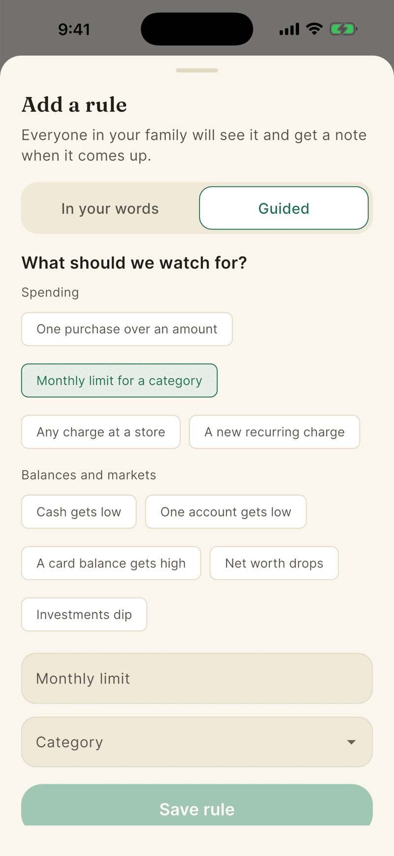 The Add a rule sheet on the Guided tab. Spending options include One purchase over an amount and Monthly limit for a category, with fields for Amount and Category and a Save rule button.