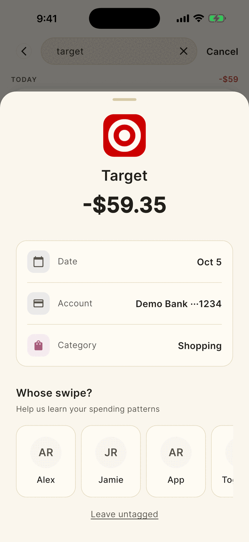 The transaction detail sheet. Under the heading Whose swipe there is one button for each person in the household.