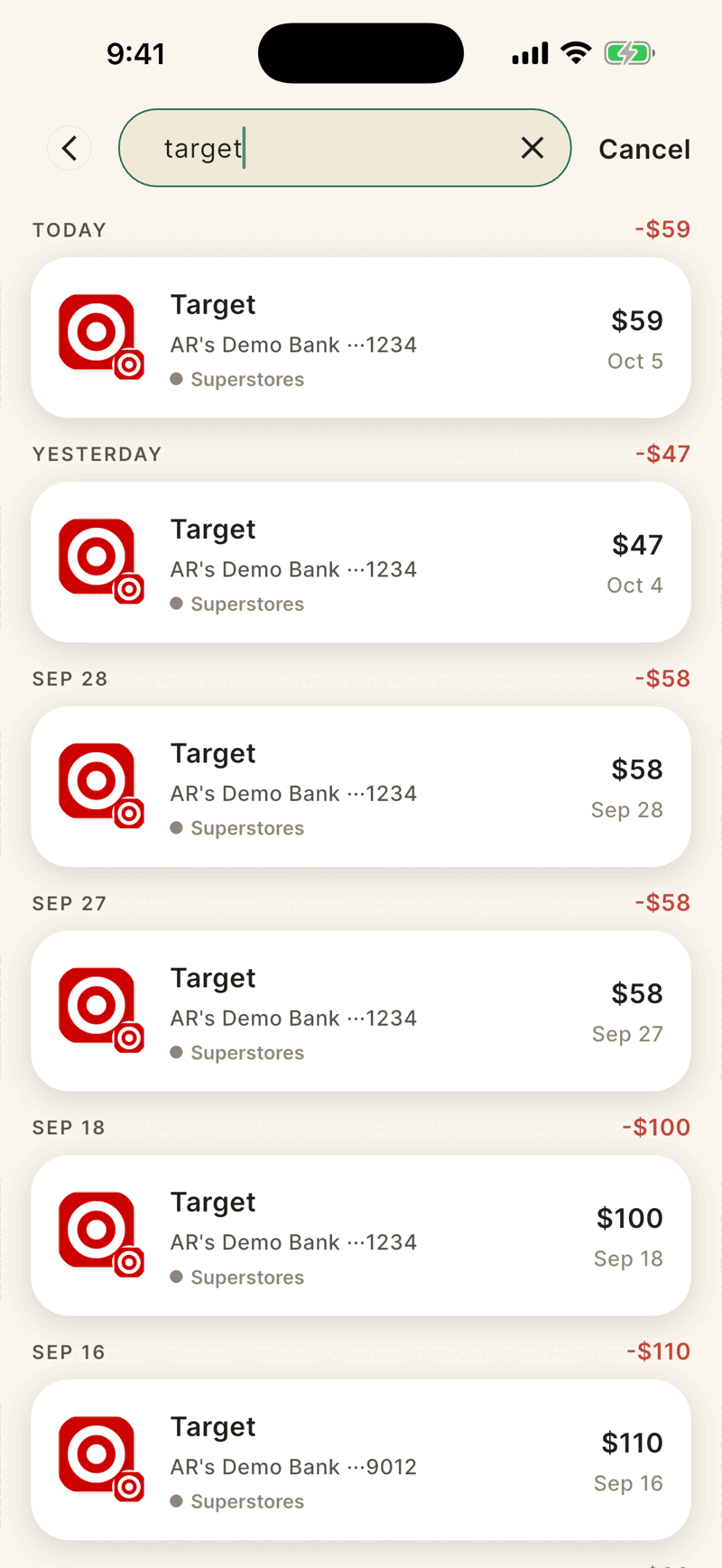 The search screen with the word target typed in, showing Target purchases grouped by day.
