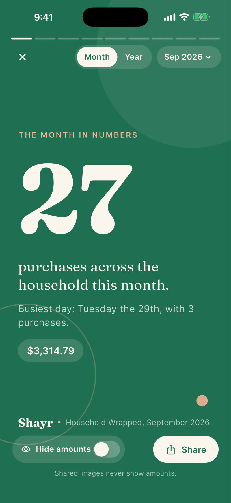 A Wrapped card with the Hide amounts switch turned off. A dollar chip showing 3,314.79 now appears under the text.