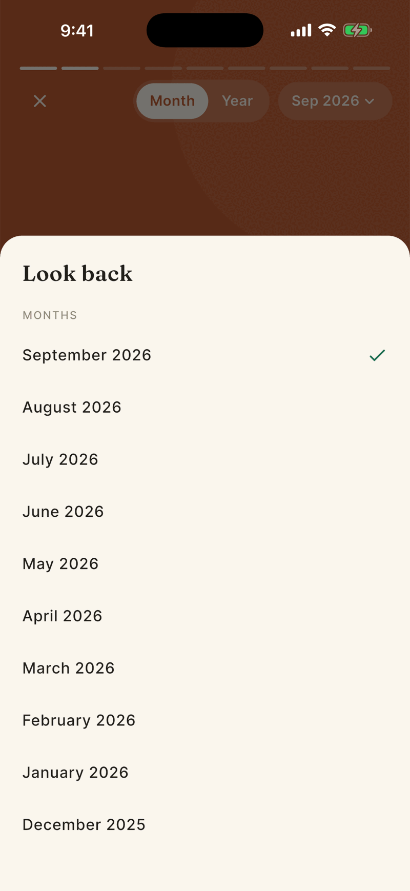 The Look back sheet listing months from September 2026 back to December 2025, with a checkmark on September 2026.